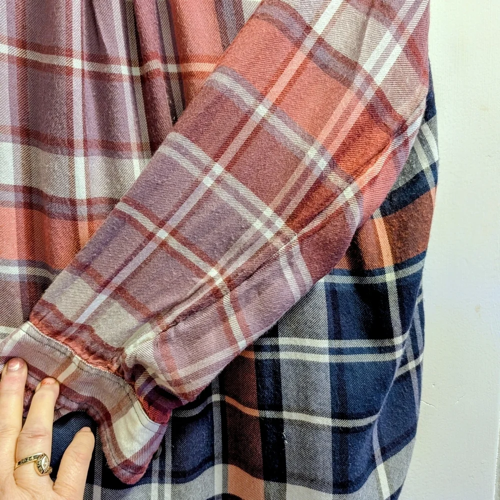 Upcycle Lucky Brand Medium Dip Bleach Flannel Shirt w/ Butterfly Bling 17" P2P - Picture 3 of 11